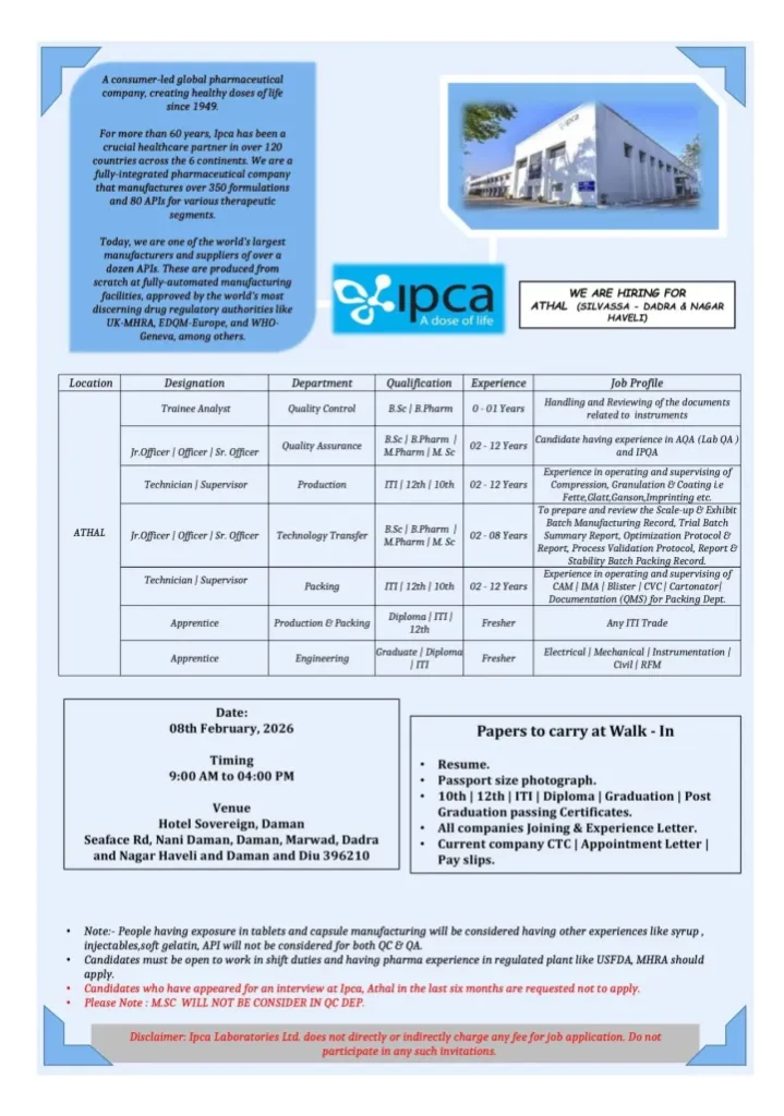 IPCA Pharma Jobs Walk In Interview