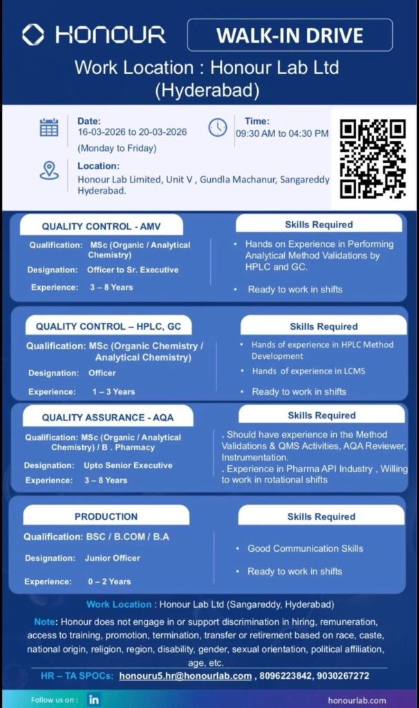 Honour Lab Pharma Jobs Hiring QC QA Production