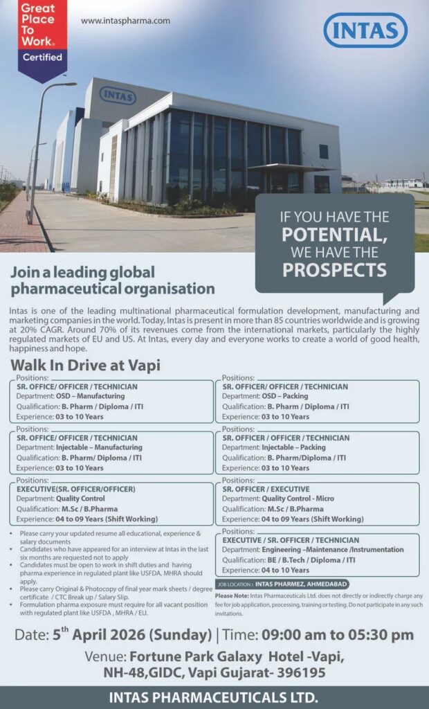 Intas Pharma Jobs Hiring Production QC QA