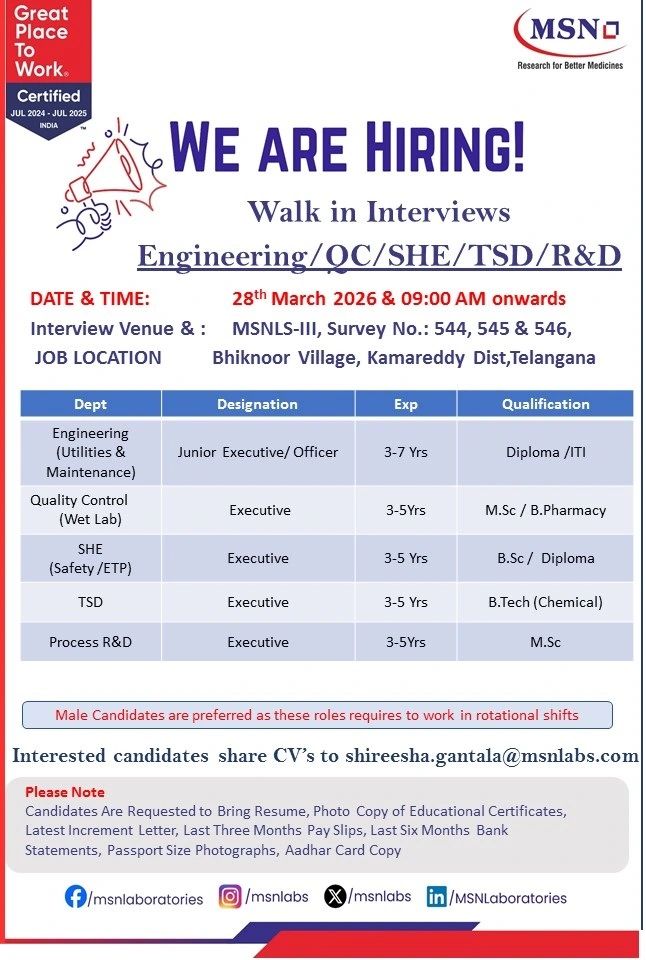 MSN Pharma Jobs QC Engineering Walk In