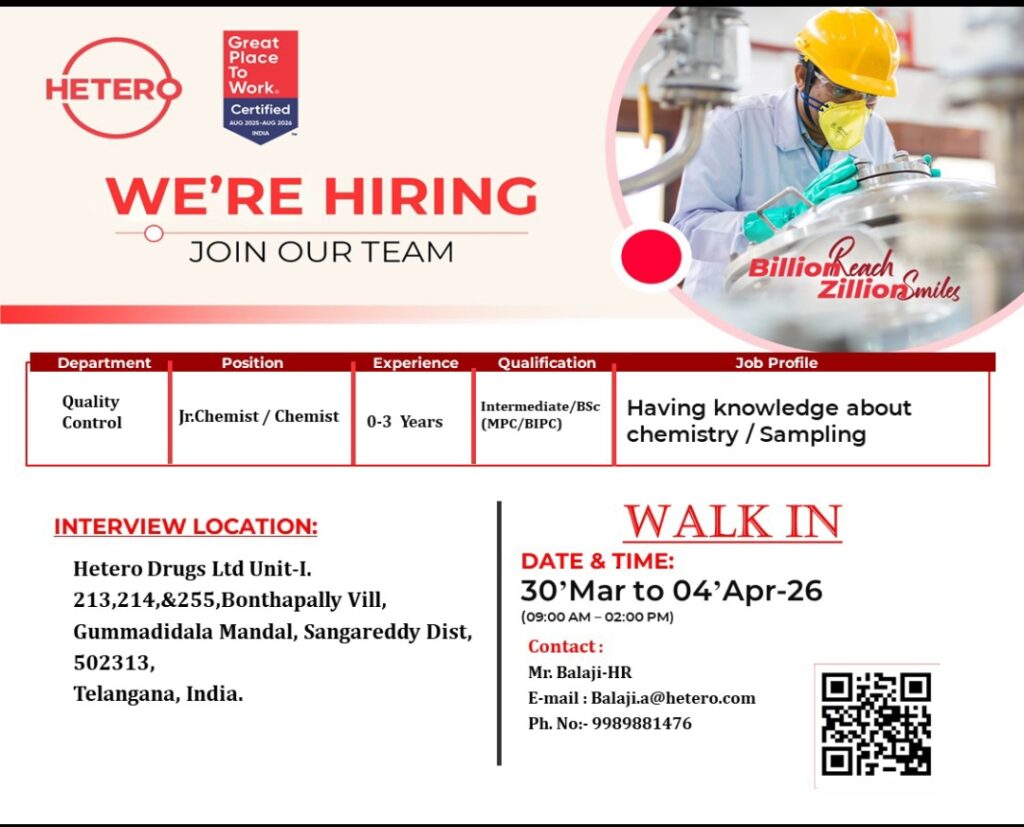 Hetero Pharma Jobs QC BSc
