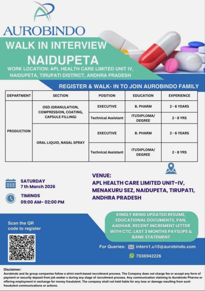 Aurobindo Pharma Jobs Naidupeta Walk In 2026