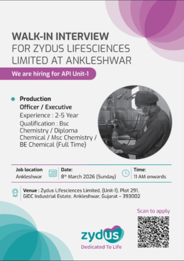 Zydus Lifesciences Pharma Jobs Ankleshwar 2026