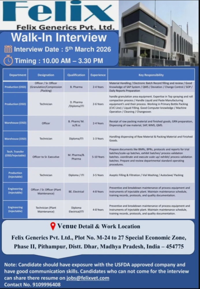 Felix Generics Pharma Jobs Walk In 2026