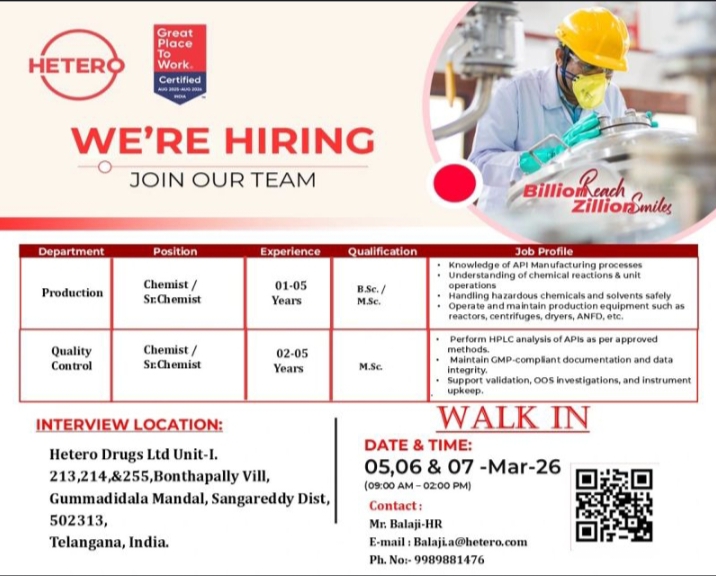 Hetero Pharma Jobs Walk In March 2026