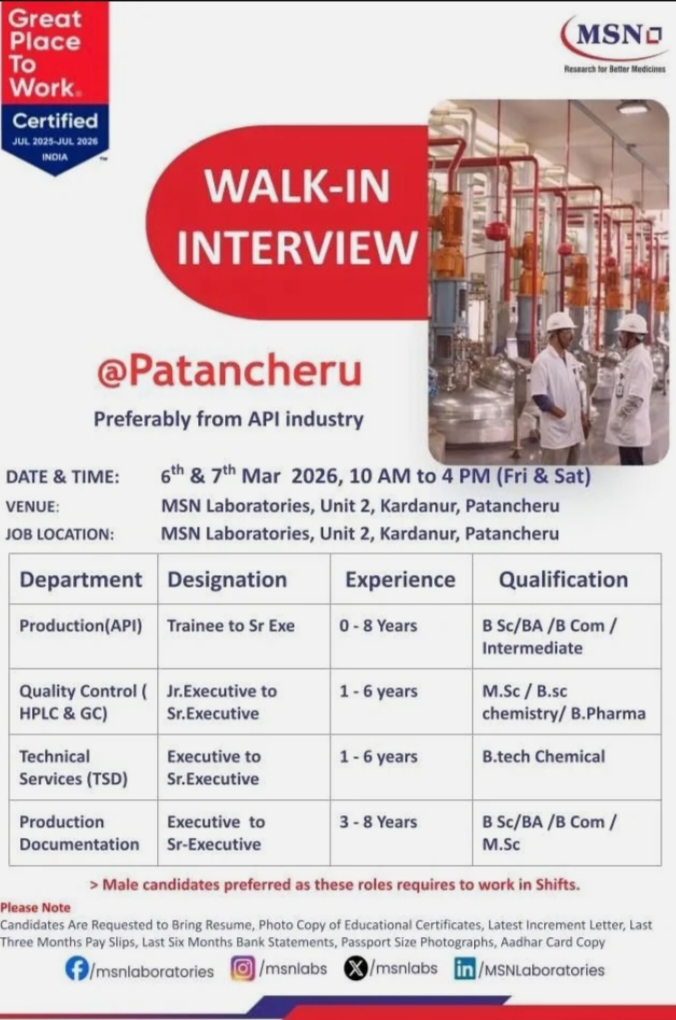 MSN Pharma Jobs Production QC Walk In Mar 2026