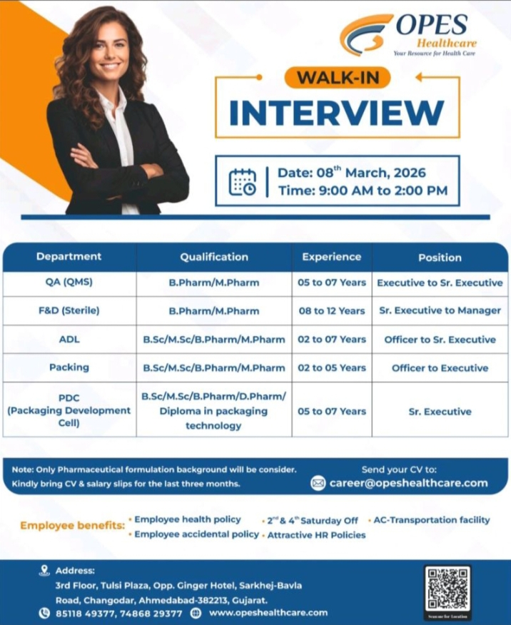 Opes Healthcare QA Packing Pharma Jobs Walk In Mar 2026