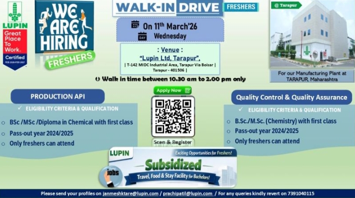 Lupin Pharma Jobs for Production API QC QA