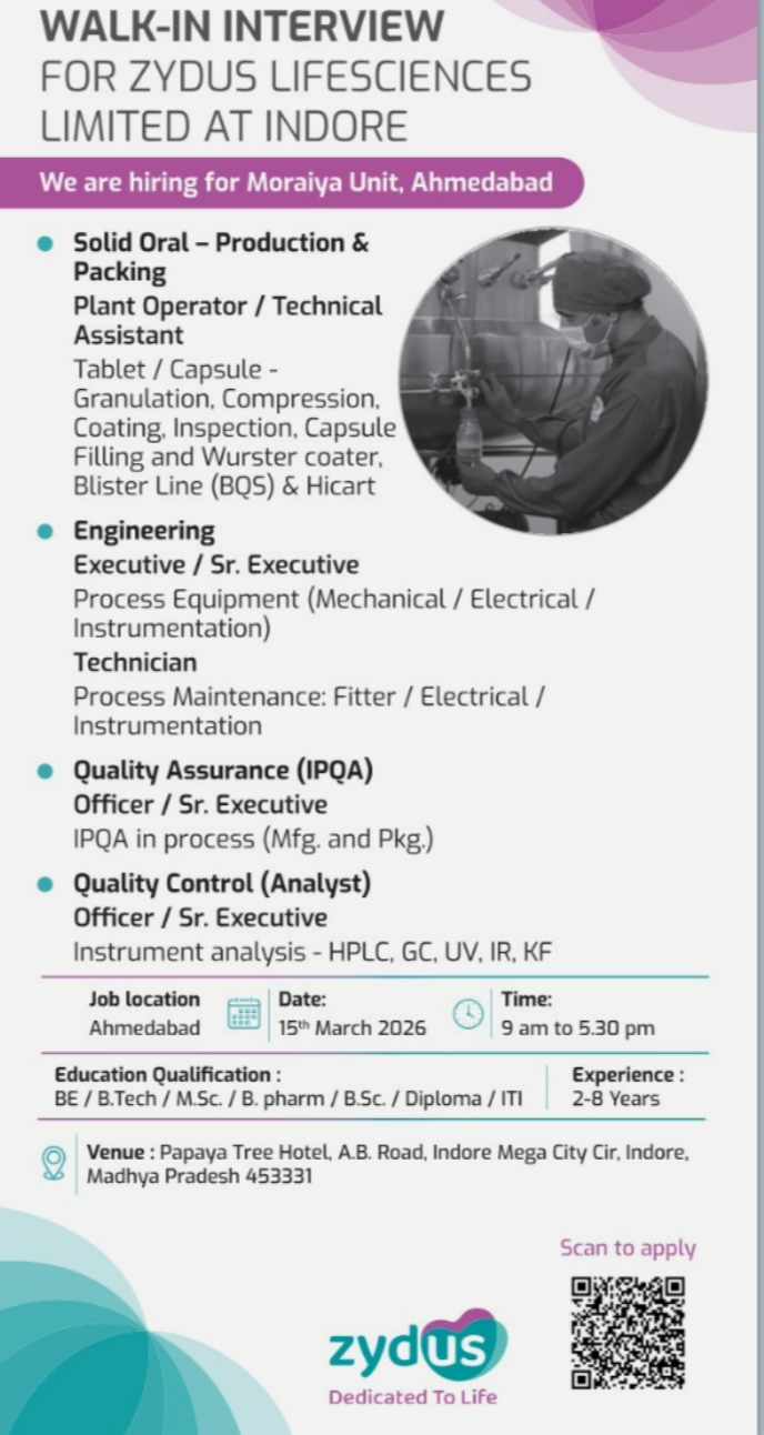 Zydus Lifesciences Pharma Jobs Walk In Interview 2026