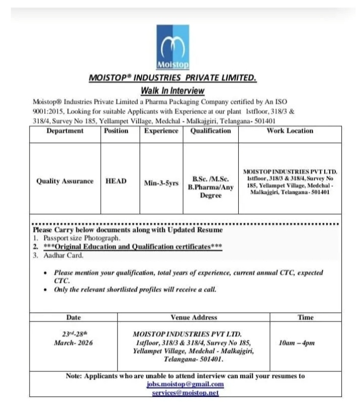 Moistop Pharma Jobs QA Walk In