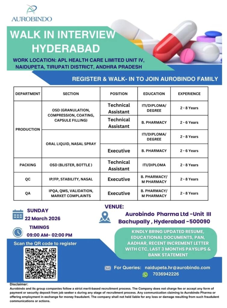 Aurobindo Pharma Jobs Production QC QA