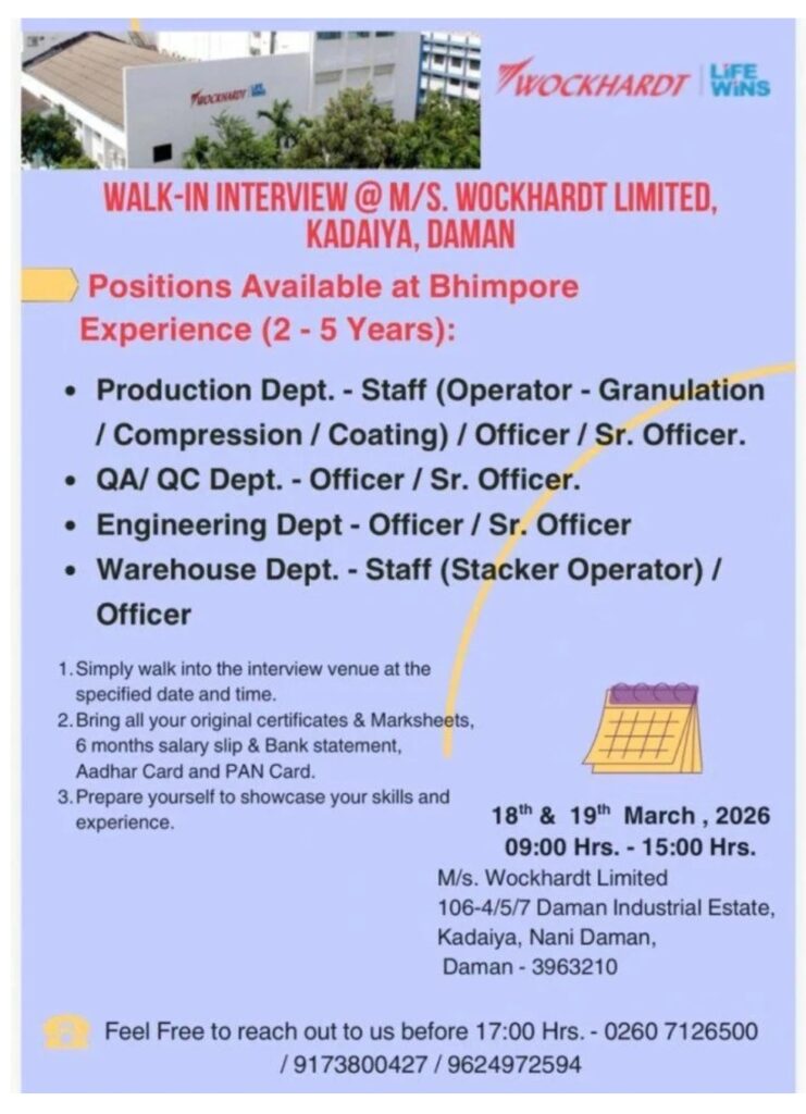 Wockhardt Pharma Jobs Production QA QC
