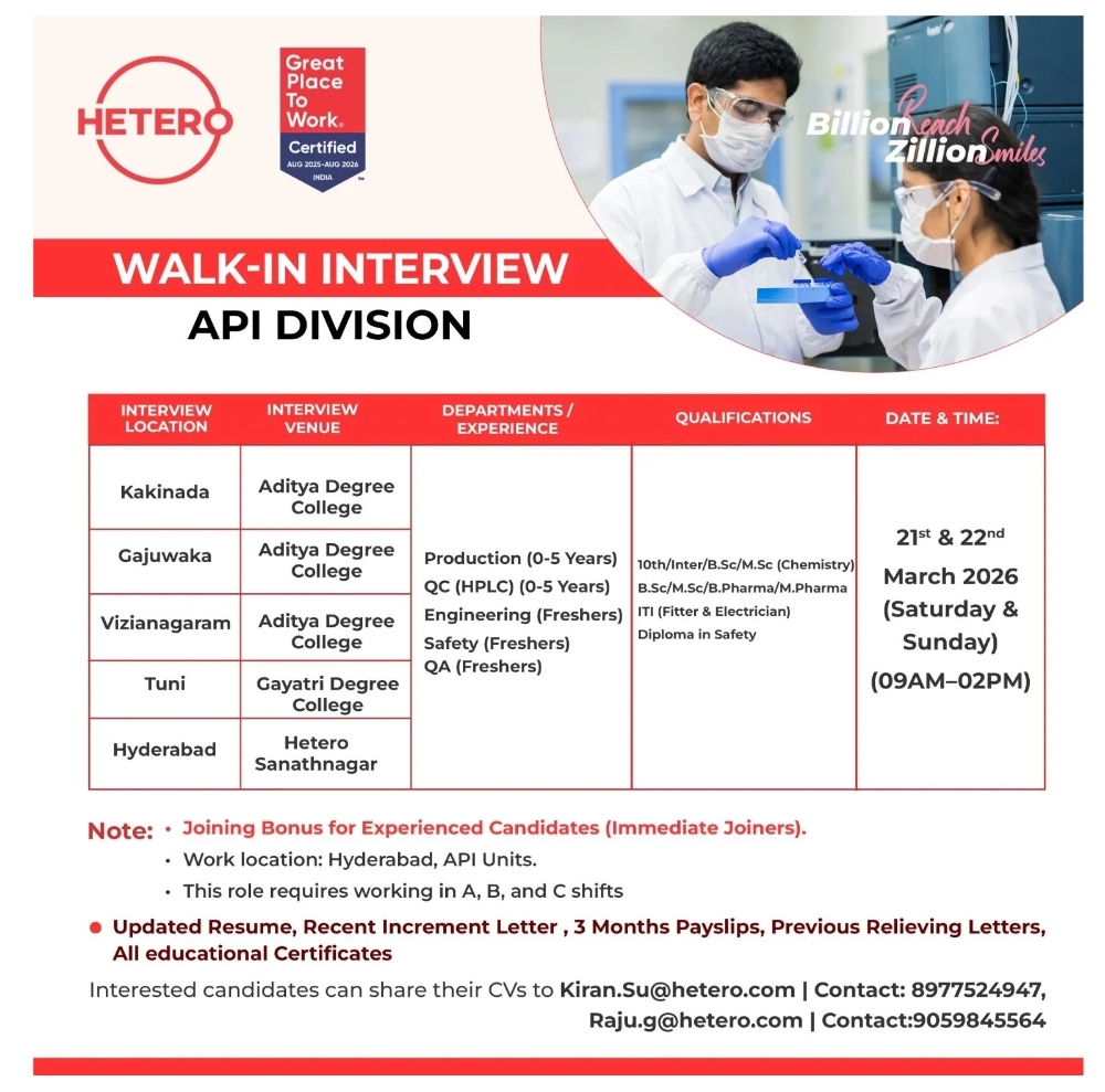Hetero Pharma Jobs Walk In Production QC