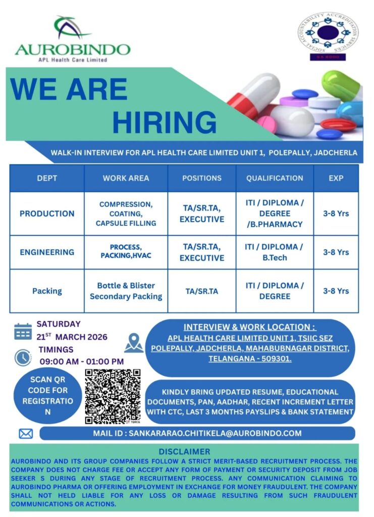 Aurobindo Pharma jobs Production Engineering Packing