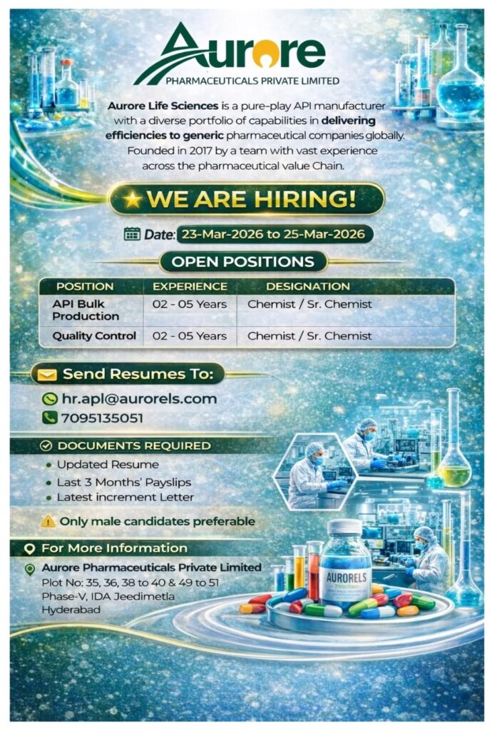 Aurore Pharma jobs Production QC BSc