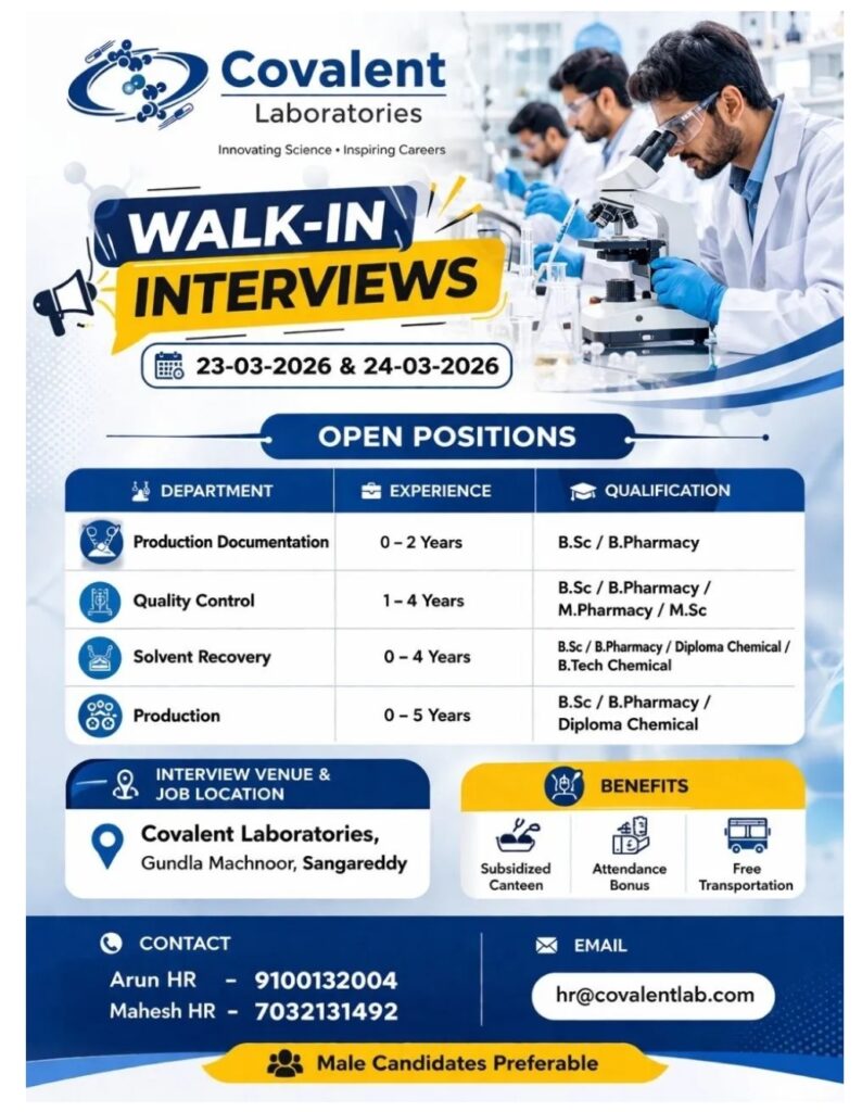 Covalent Pharma Jobs Production QC Walk In