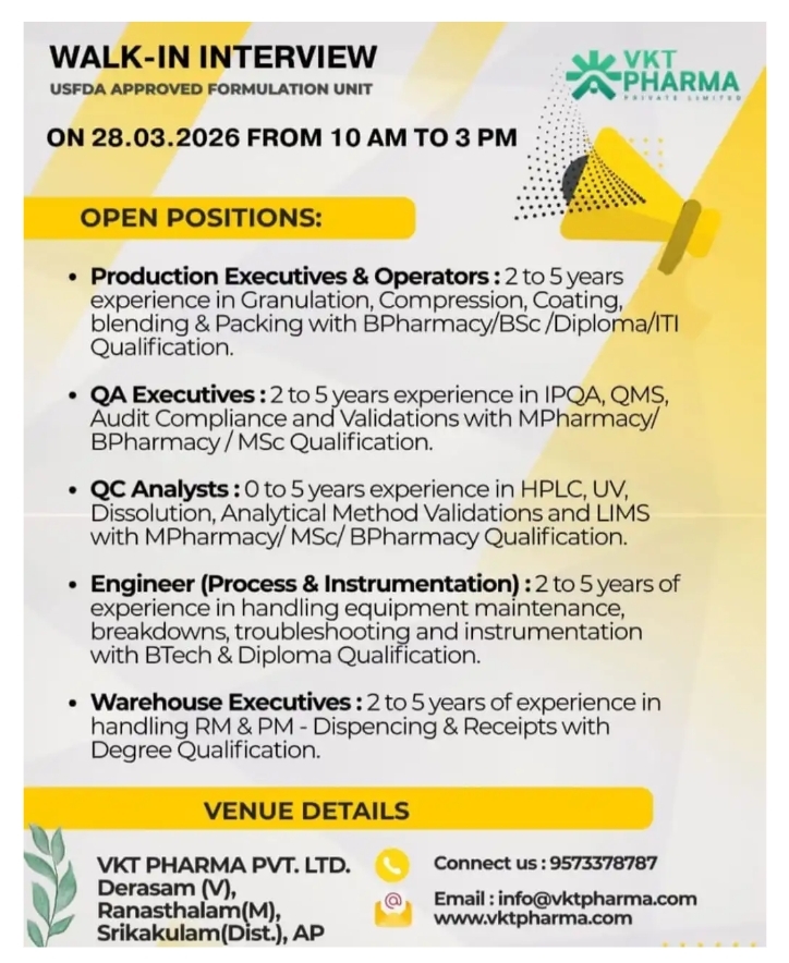 VKT Pharma Jobs Production QA QC BPharm