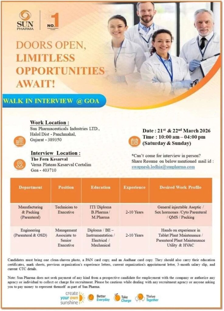 Sun Pharma Jobs Walk In Manufacturing
