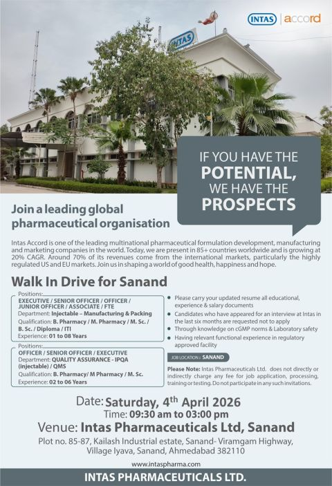 Intas Pharma Production QA Jobs Walk In Interview