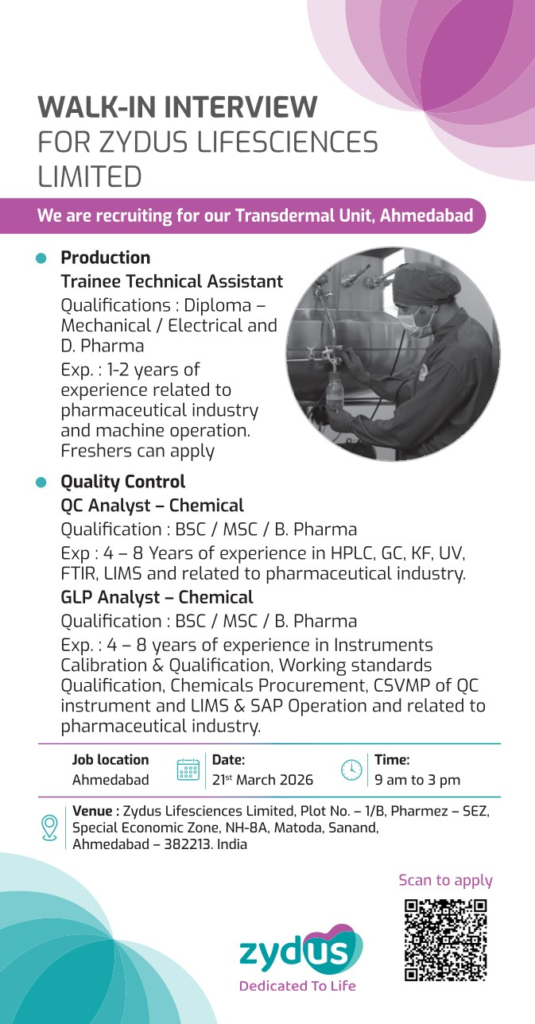 Zydus Pharma Jobs Hiring Production QC