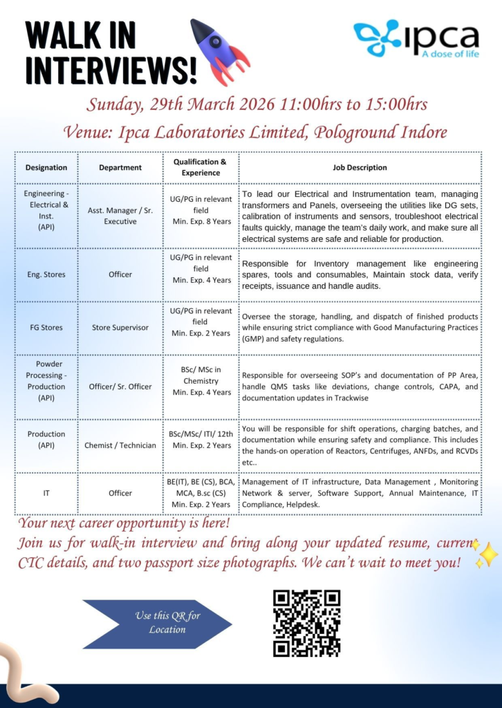 Ipca Pharma Jobs Walk In Production IT