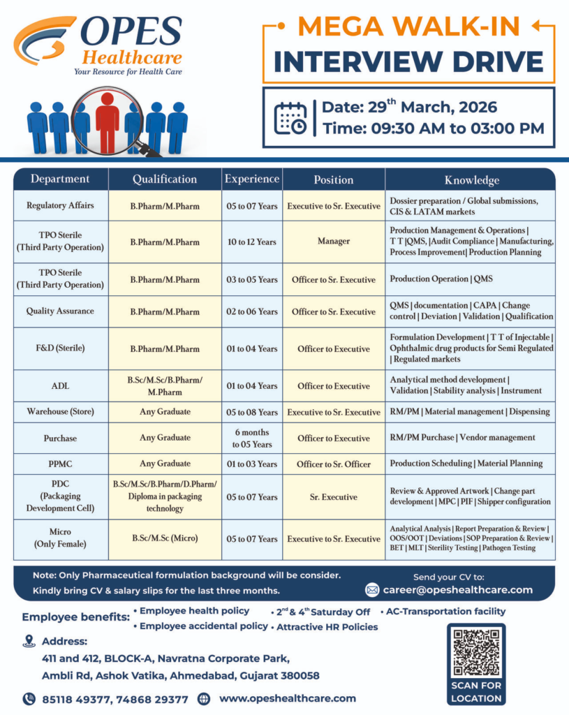 Opes Pharma Walk In Interview Jobs