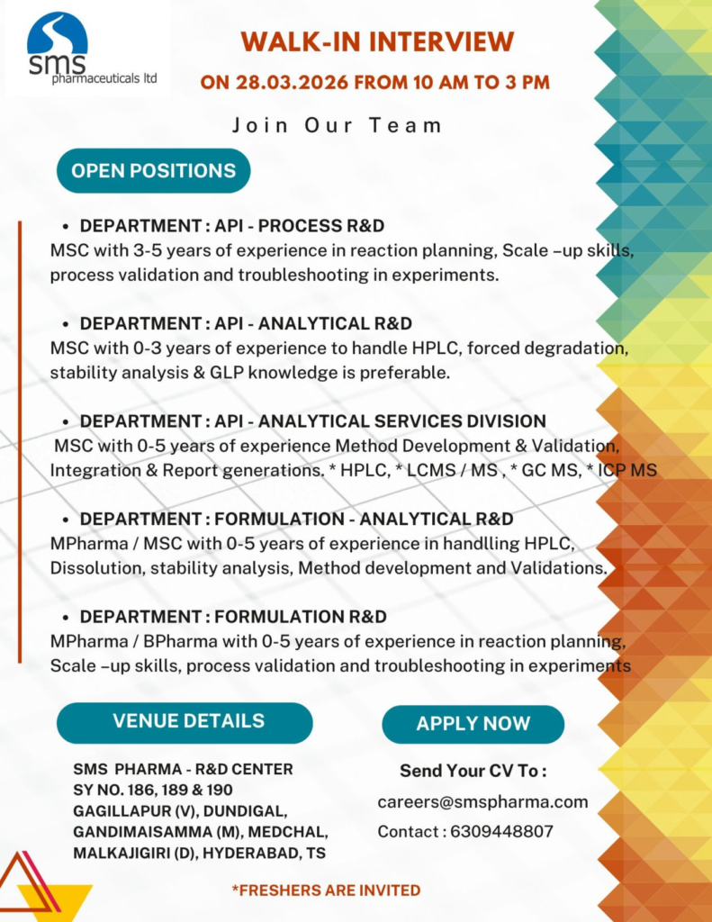 SMS Pharma RnD Walk In Interview Jobs