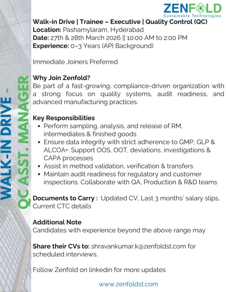 Zenfold Pharma Jobs QC BPharm BSc