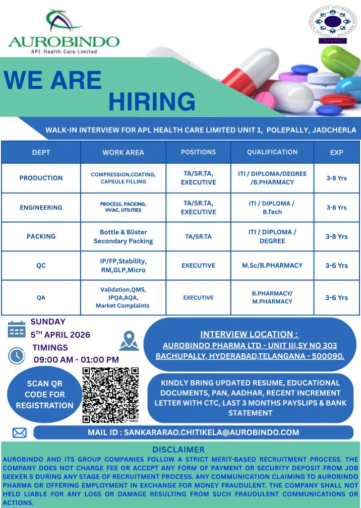 Aurobindo Pharma Jobs Production QC QA Walk In
