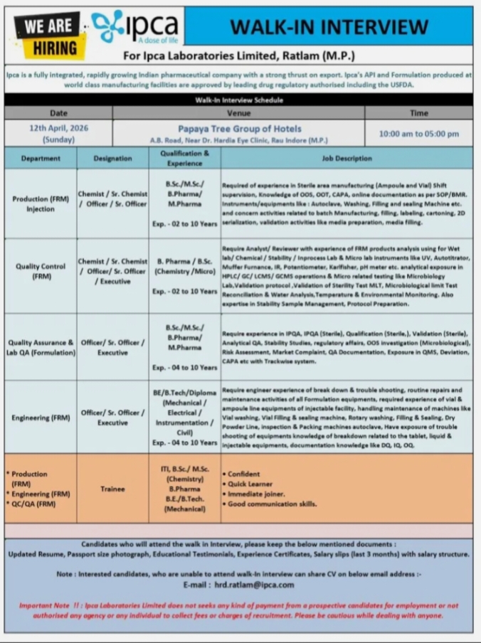 Ipca Pharma Production QC QA Jobs 2026