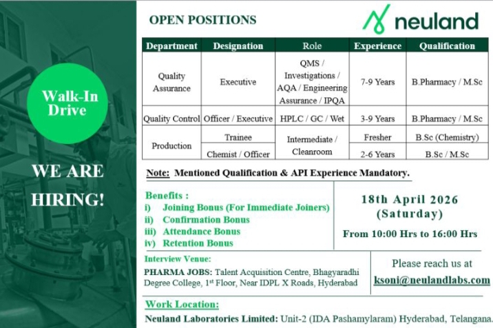 Neuland Pharma Jobs Walk In 2026