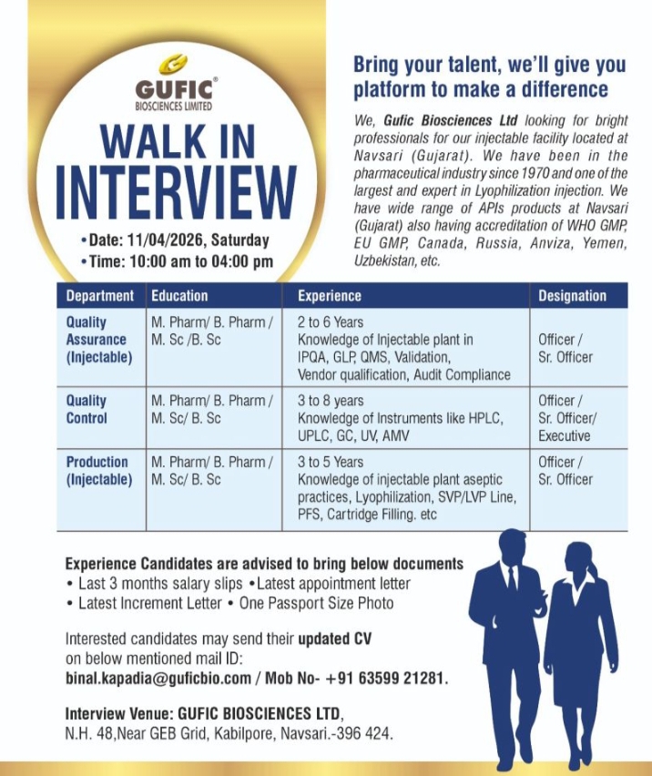 Gufic Pharma Jobs QA QC Production Walk In