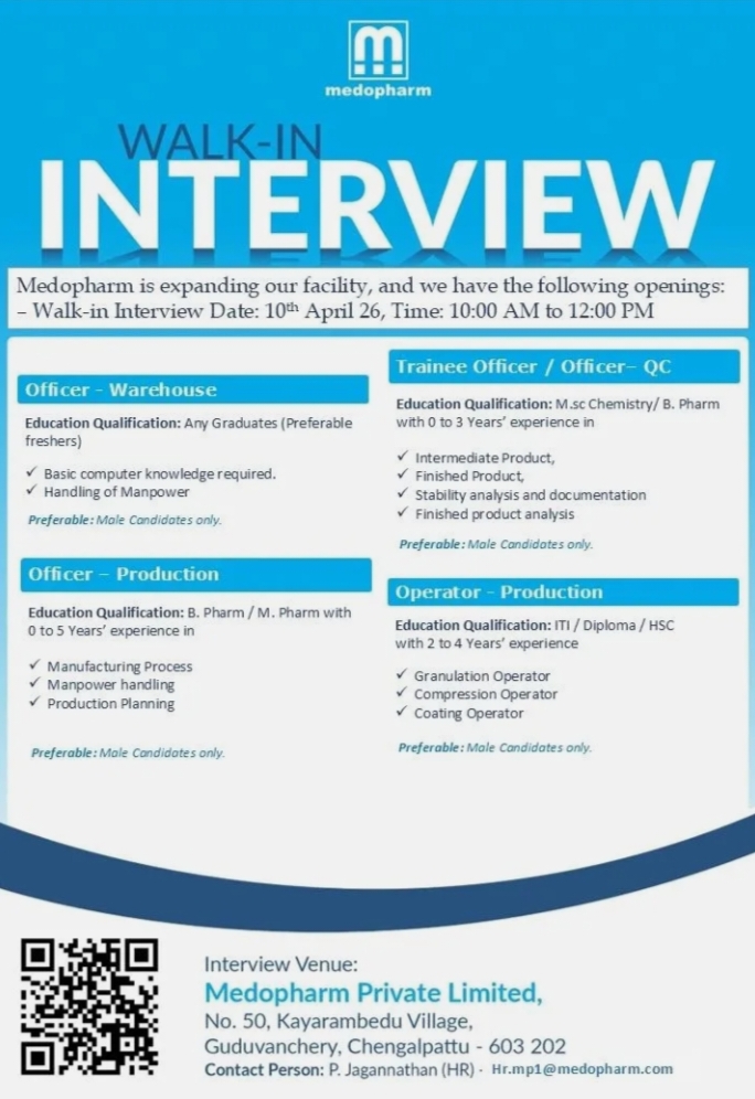 Medopharm Pharma Jobs Production QC Walk In