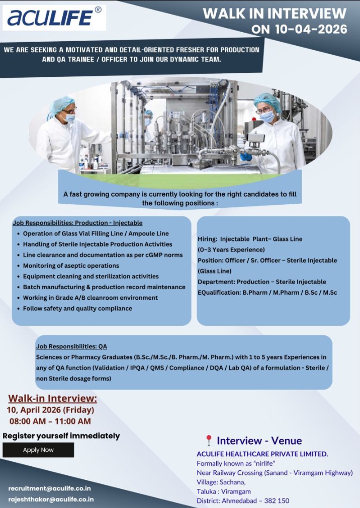 Aculife Pharma Jobs Walk In 2026