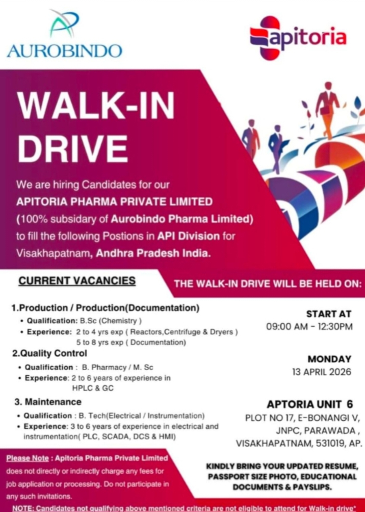 Apitoria Pharma Jobs Walk In 2026