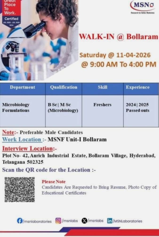 MSN Pharma Jobs Microbiology Walk In