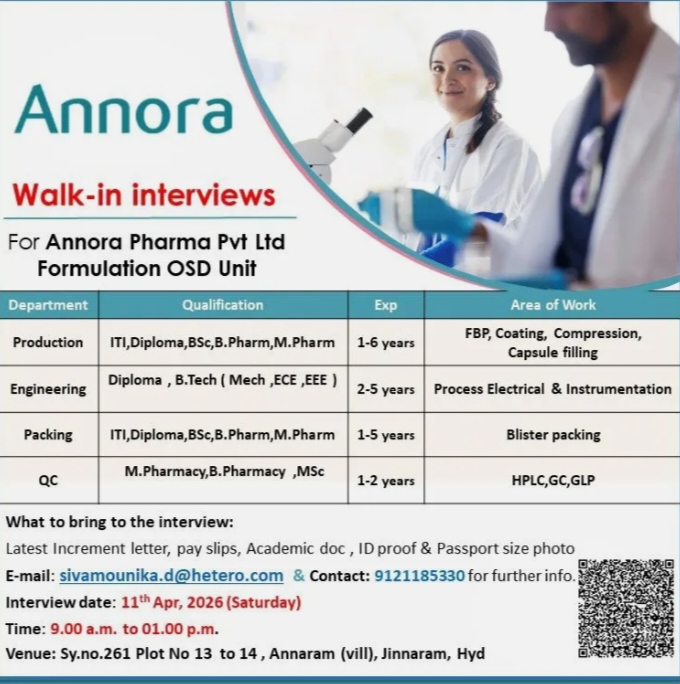 Annora Pharma Jobs Production QC Walk In