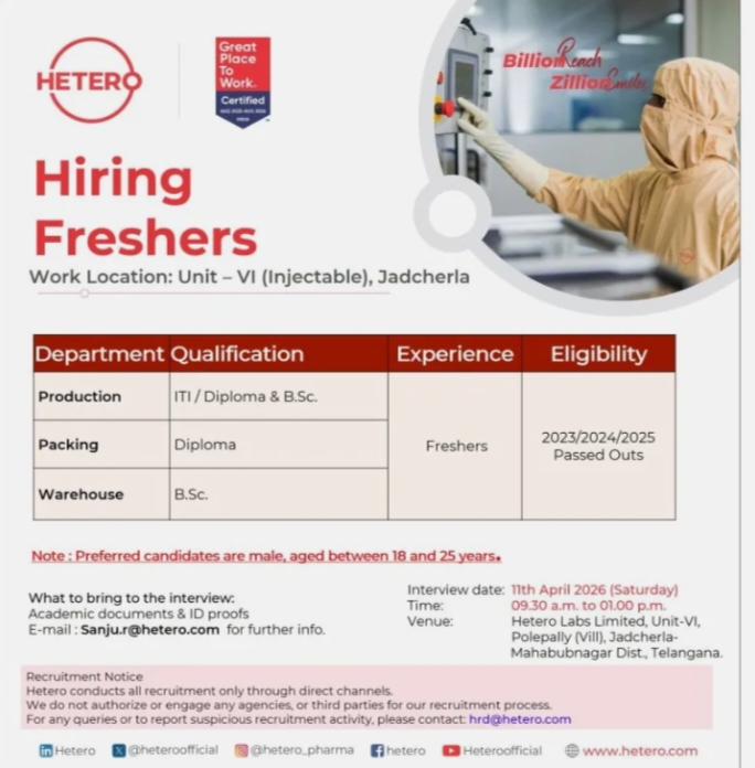 Hetero Pharma Jobs Walk In Freshers 2026
