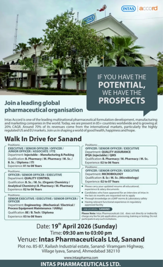 Intas Pharma Jobs Walk In 2026