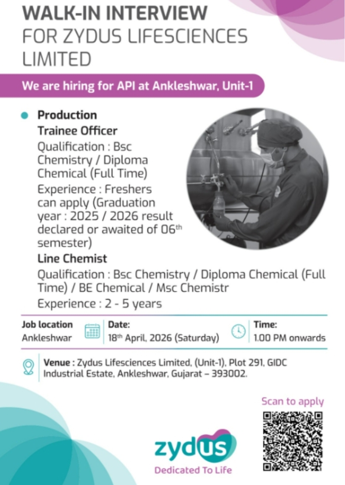 Zydus Pharma Jobs Walk In 2026