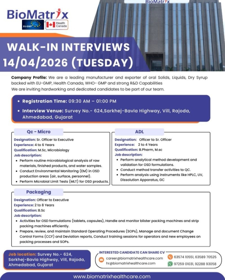 BioMatrix Pharma Jobs QC ADL Packaging