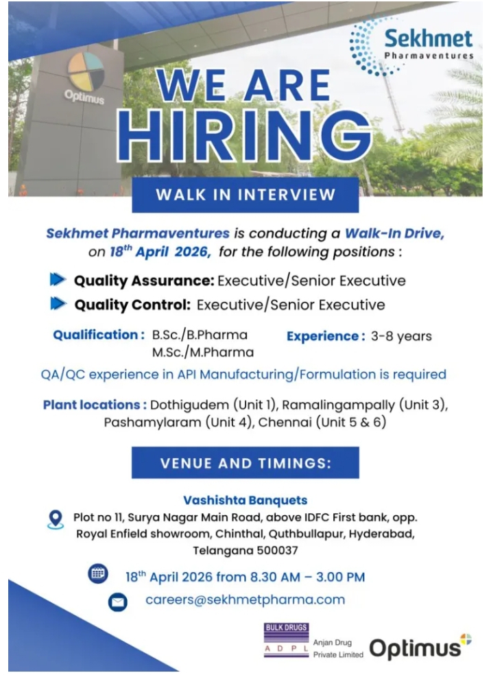 Sekhmet Pharma QA QC Jobs Walk In
