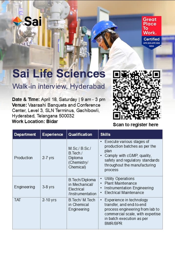 Sai Life Sciences Pharma Jobs Walk In April 2026