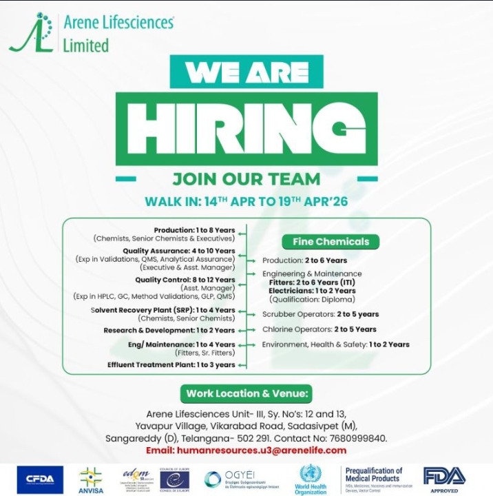Arene Lifesciences Pharma Jobs Walk In April 2026