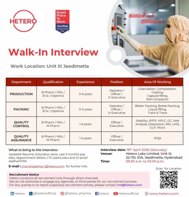 Hetero Pharma Jobs Production QC QA 2026