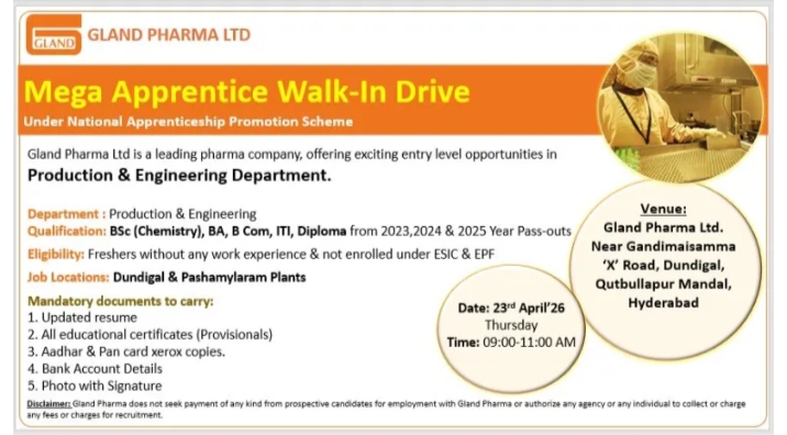 Gland Pharma Production Jobs Walk In 2026