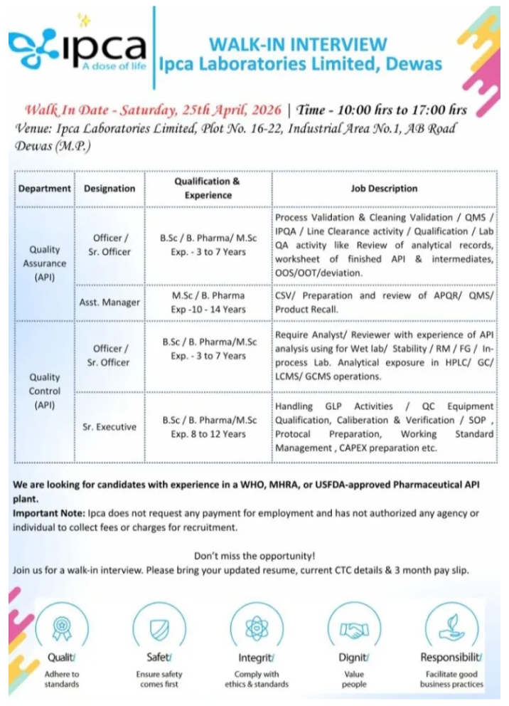 Ipca Pharma QA QC Jobs Walk In 2026