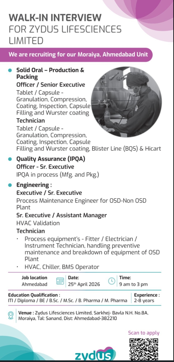 Zydus Pharma Jobs Production QA Engineering Walk In