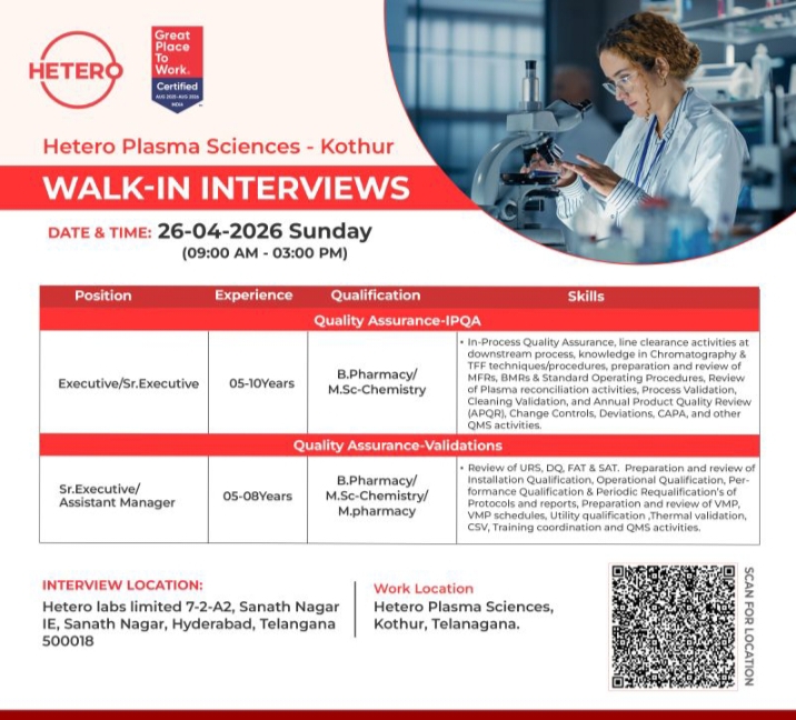 Hetero Pharma Jobs QA IPQA Validation Walk In