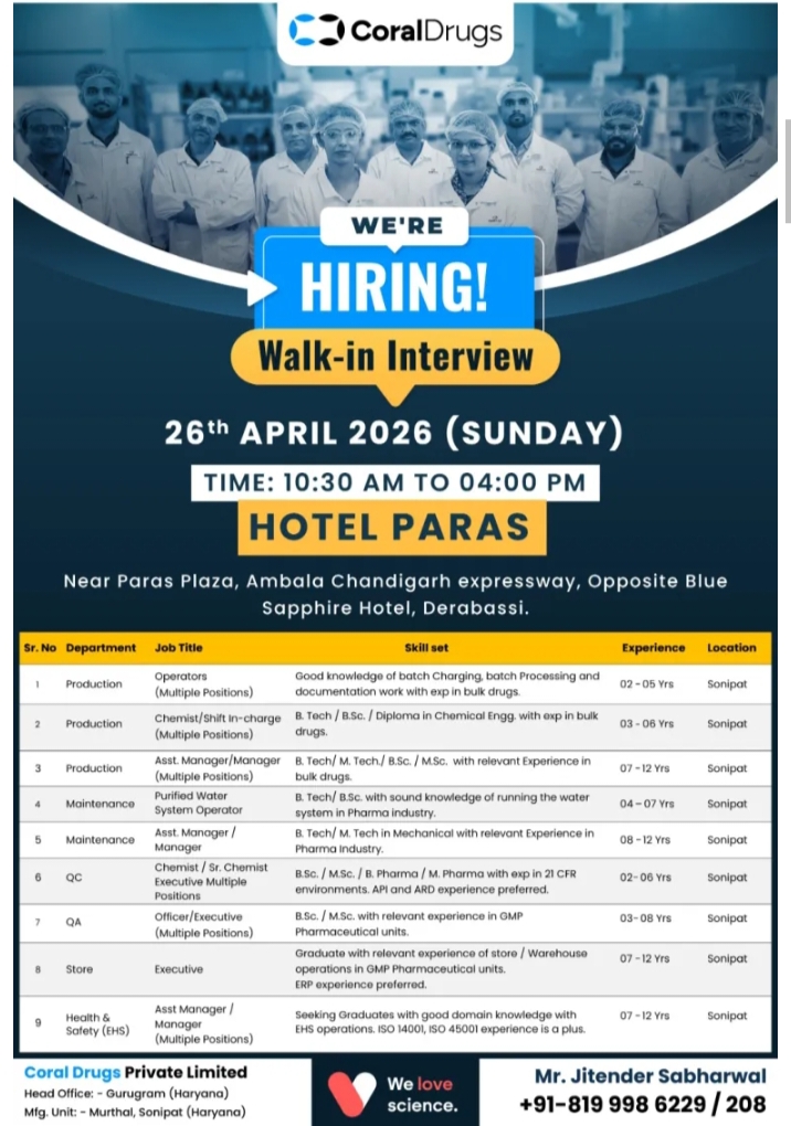 Coral Drugs Pharma Jobs Walk In Hiring 2026
